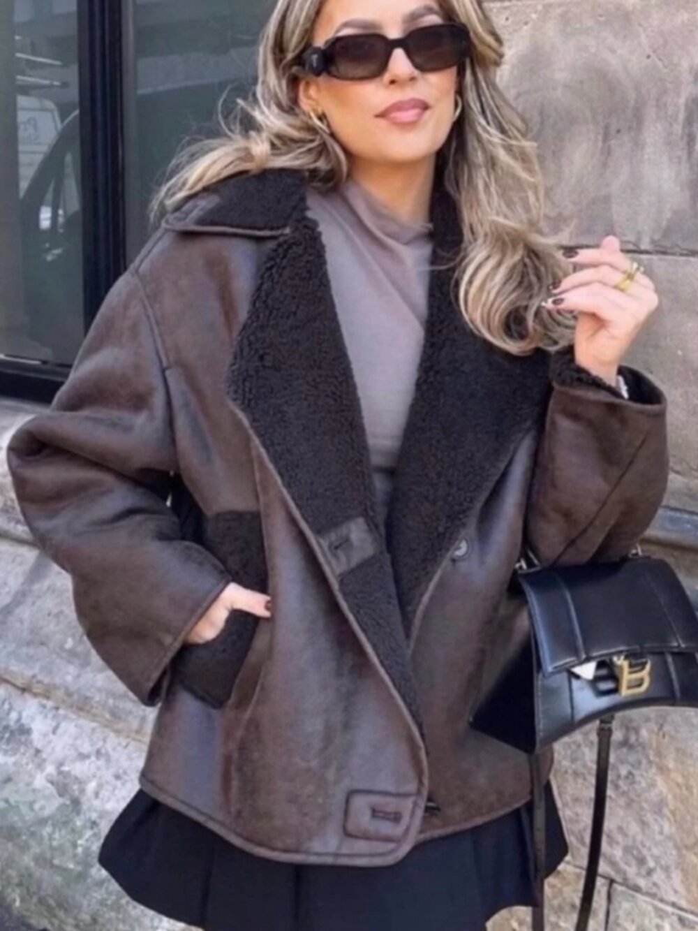 Zara Faux Fur Double Breasted Bomber Jacket in Chocolate Brown
